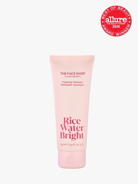 The Face Shop Rice Water Bright Foaming Cleanser in branded component on a light gray background with the 2026 best of beauty seal in the top right corner