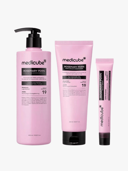 Medicube Rosemary PDRN Hair Care Set in multiple branded components on a light gray background