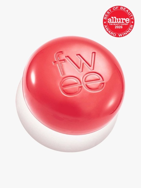 Fwee Lip & Cheek Blurry Pudding Pot in light red branded component on a light gray background with the 2026 best of beauty seal in the top right corner