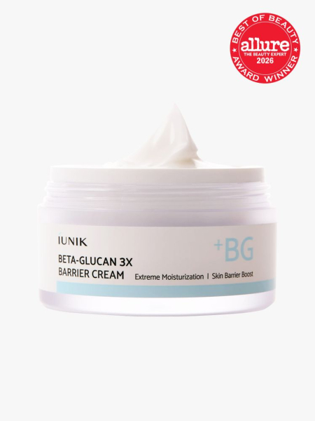 White container of IUNIK Beta-Glucan 3x Barrier Cream with Allure Best of Beauty stamp in the top right corner on a light gray background